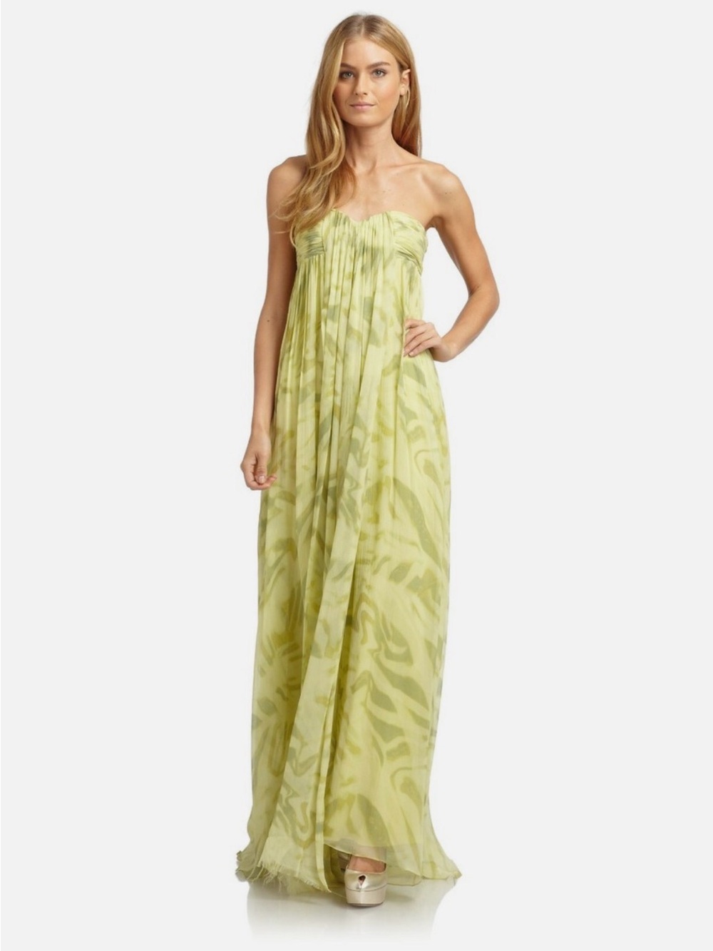 Halston Heritage Strapless Silk Chiffon Gown Dress Camomile Green Maxi - Picture 2 of 15